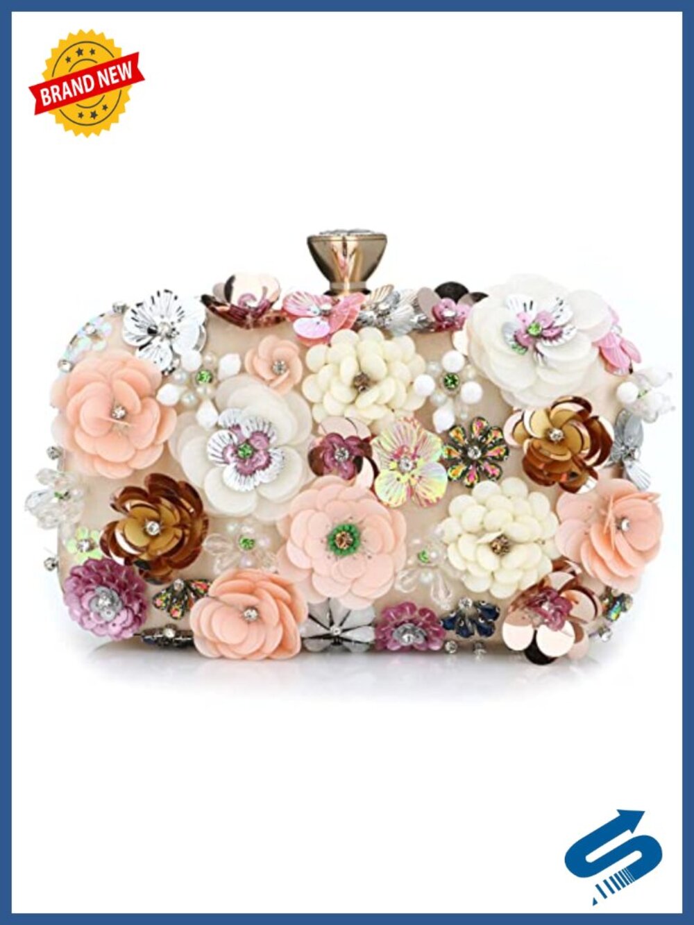 Floral Beaded Sequin Evening Clutch with Detachable Chain